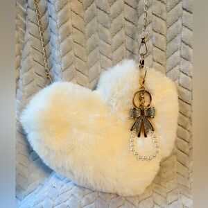 NWT! Elegant Cream Heart-Shaped Fur Bag with Gold Bow Keychain